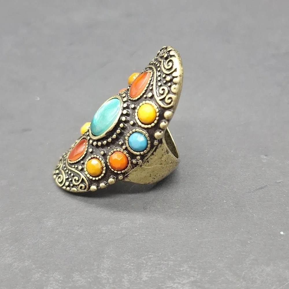 🌺 Boho Vintage-Style Ring – Multicolor Cabochons – Size 7